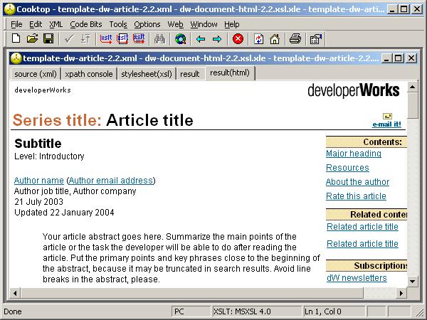 Cooktop displaying XML template as HTML